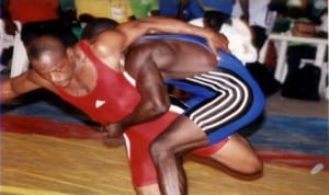 Wrestlers in action during a national sports event in Port Harcourt, Rivers State capital, recently.