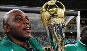 Super Eagles coach, Stephen Keshi, lifting the Nations Cup trophy
