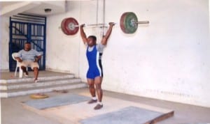 A weightlifter lifting 110KG during a national event in Port Harcourt, recently