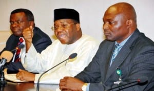 Permanent Secretary, Ministry of Power, Amb. Godknows Igali (middle), briefing newsmen after a preparatory meeting to strategise on the scheduled handover of PHCN Successor Companies at the Presidential Villa in Abuja, recently.  With him are  Director-General, Budget Office, Mr Bright Okongwu (left) and Director-General, BPE, Mr Benjamin Dikki.