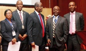 L-R: Director, Securities and Exchange Commission, Mrs Mary Uduk, President, Chartered Institute of Stockbrokers, Mr Ariyo Olushekun, Chairman, Bancorp  Plc, Mr Tola Mobolurin, Managing Director, Partnership Investment Company Plc, Mr  Victor Ogiemwonyi and Chairman,Nigeria Electricity Regulation Commission, Dr Sam Amadi, at the 17th Annual Stockbrokers Conference in Lagos last Thursday. Photo: NAN.