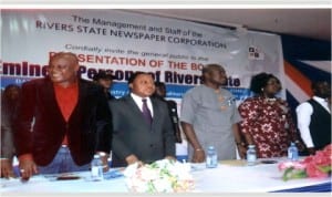 L-R: Member, House of Representatives, Hon Ogbonna Nwuke, Secretary to Rivers State Government, Dr George Feyii, Chief of Staff, Government House, Sir Tony Okocha, Commissioners for Imformation and Communications, Mrs Ibim Semenitari and Commissioner for Local Government , Hon Samuel Eyiba, during the presentation of the book, Eminent Persons of Rivers State written by Rivers State Newspaper Corporation in Port Harcourt, recently