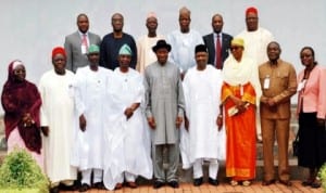  President Goodluck Jonathan (middle), Vice-President Namadi Sambo (4th right) with members of the Presidential Advisory Committee on National Dialogue after their inauguration in Abuja , recently.      Photo: NAN