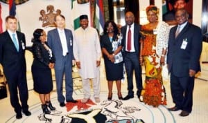President Goodluck Jonathan (4th right), ICC President, Sang-Hyun Song (3rd left), Minister of Justice, Mr Mohammed Adoke (3rd right) and others, during the visit of ICC President to the Presidential Villa in Abuja, yesterday. Photo: NAN