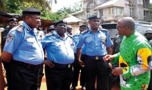 R-L:  Anambra State Governor Peter Obi, discussing with Deputy Inspector-General of Police, Mr Kachi Udoji, Deputy Inspector-General of Police, Mr Philemon Leha and Anambra Commissioner of Police, Mr Bala Nasarawa, last Sunday, during his visit to Holy Ghost Adoration Ministry Centre, Uke, in Idemili South Local Government Area of Anambra where there was a stampede lsat Saturday. Photo: NAN