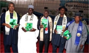 L-R: Chief A. K. Horsfall, General Yakubu Gowon, representative of President Jonathan, Mr Oronto Douglas, Rivers State Governor Chibuike Rotimi Amaechi, and Prof Tekena Tamuno, during the Symposium on Port Harcourt Centenary celebration in Port Harcourt, yesterday.