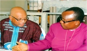 Bishop of Diocese of Okrika Anglican Communion, Rt. Rev. Tubokosemie Akere (right), discussing with Chairman, 10th Anniversary Planning Committee, Chief Nemi Adoki, during a press briefing in Okrika, yesterday. Photo: Eberi A. Sampson.