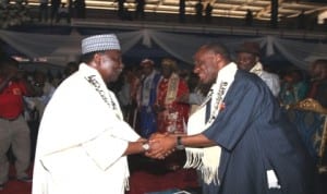  Governor Chibuike Amaechi of Rivers State (right),  welcoming  former Head of State, General.Yakubu Gowon, at the Port Harcourt City Centenary Celebration Symposium in Port Harcourt, yesterday.