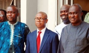 L-R: Enugu State APGA Chairman, Mr Sunday Nwachukwu, INEC Resident Electoral Commissioner, Enugu State, Dr Lawrence Azubike, PDP Enugu State Secretary, Mr Steve Oruruo and PDP State Chairman, Chief Vita Abba, after a stakeholders election forum in Enugu, yesterday.