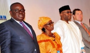 L-R: Deputy Governor of Cross River State, Mr Efiok Cobham; Representative of the Ministry of Water Resources, Mrs Laraba Bagaiya; Representative of Governor of Benue, Dr Salifu David and Manager, Global Sanitation Fund, Mr Mark Willis, at the launch of Global Fund/ Rural Sanitation and Hygiene Promotion in Nigeria programme in Abuja, recently. Photo: NAN