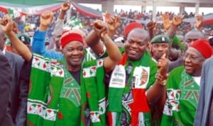 L-R: Vice-President Namadi Sambo, the Peoples Democratic Party (Pdp) governorship candidate in Anambra, Mr Anthony Nwoye and the National Chairman of the party, Alhaji Bamanga Tukur, at the inauguration of the party's campaign for Anambra governorship election in Awka last Saturday. Photo NAN