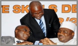 L-R: Managing Director, Niger Delta Power Holding Company, Mr James Olotu, Director-General, Bureau of Public Enterprises, Mr Benjamin Dikki and chairman, Senate Committee on Power, Senator Philip Aduda, during the induction of Naptin's Graduate Skills Development Trainees in Abuja, yesterday.