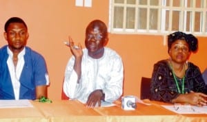 From Left: Project Manager, Transition Monitoring Group (Tmg), Mr Lazarus  Apir, Tmg Chairman, Mr Ibrahim Zikirullahi and the Vice Chairman, Hajia Limota Goroso, at a news conference on Anambra Governorship pre-election observation in Awka last Thursday. Photo: NAN