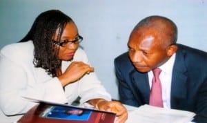 Mrs Daniel-Kalio Blessing, GM Business Development RSSDA (left) chating with Mr Kalada Apiaf during the 29th annual general meeting of Manufacturer Assoication of Nigeria in Port Harcourt, recently 