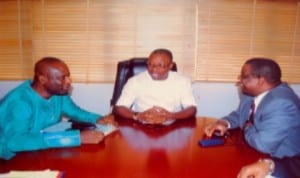 L-R: The Project Coordinator of SEEFOR Rivers State, Mr Kelcious Amos, Commissioner for Budget and Economic Planning, Mr Gogo Levi Charles, and Education Specialist with World Bank, Dr Tunde Adekola, during a meeting, last Friday. Photo: Prince Obinna Dele 