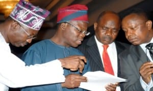  L-R: Ogun State Commissioner for Finance, Mr Seye Senfiye, Lagos State Commissioner for Finance, Mr Ayo Gbeleyi; Deputy Director, Federation Accounts, Office of the Accountant-General of the Federation, Mr Hakeem Dosumu and Accountant-General of Lagos State, Mr David Sunmoni, at the Federation Accounts Allocation Committee's meeting in Abuja, recently.