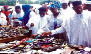 Dignitaries inspecting products from graduates of national industrial skills development programme (nisdp), at their passing out ceremony in Yola last Thursday. Photo: NAN