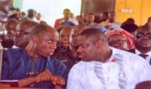 Governor of Rivers State, Rt. Hon. Chibuike Amaechi (left), conferring with his Deputy, Engr. Tele Ikuru (right), during the funeral service in honour of the former Speaker, Rivers State House of Assembly, Late Rt. Hon. Tonye Harry, at St Alban’s Anglican Church, Obuama recently. Photo: Chris Monyanaga