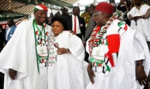 Dame Patience Jonathan (middle), with her husband (left) and PDP National Chairman, Alhaji Bamanga Tukur, during a public function in Abuja, recently.