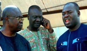 L-R: Former pdp Secretary, Anambra State, Dr. Tony Akachukwu, Deputy Director, Tony Nwoye Campaign Organisation, Mr. Chike Anyaonu and pdp governorship candidate for Anambra election, Mr. Tony Nwoye during a news conference on the conduct of the elction at Awka, Anambra State, yesterday. Photo: NAN