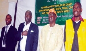  L-R: Director, Ogun State Emergency Management Agency, Mr Timothy Oyenekan, Zonal Coordinator, National Emergency Management Agency (Nema), South West Zone, Mr Iyiola Akande, General Manager, Ekiti State Emergency Management Agency, Mr Osasona Olufemi and National Coordinator, Centre For Disaster and Crisis Management, Mr Kolawole Hamzat, during the Consultative Forum on Camp Management in Ibadan, recently. Photo: NAN