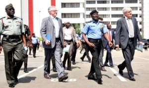 R-L: Nigerian Defence Attache To Sudan, Maj.-Gen. Suleiman Aliyu, Senior Adviser, Norwegian Ministry of Foreign Affairs, Dr Kjell Hodnebo, IGP, Mohammed Abubakar and Norwegian Ambassador to Nigeria, Mr Rolf Ree, during a tactical demonstration by a Nigeria Police Unit in preparation for peace  keeping to Liberia and Sudan  in Abuja ‘yesterday. Photo: NAN