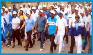 Secretary to Rivers State Government and Chairman Centenary Committee, Mr George Feyii (3rd left), Commissioner for Health, Dr Sampson Parker (4th left), Mayor of Port Harcourt, Mr Chimbiko Akarolo (4th right), leading the Centenary Health Walk, organised by Rivers State Government in Port Harcourt, last Tuesday. Photo: Obinna Prince Dele