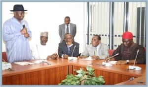 Senator Magnus Abe (left) addressing the Deputy Senate President, Ike Ekweremadu (right), Senate Leader, Victor Egba-Ndoma (3rd left), Senator Ahmed Barata (2nd left) and Senator Cyrus Nunieh during the presentation of request for Bori State creation in Abuja, recently.