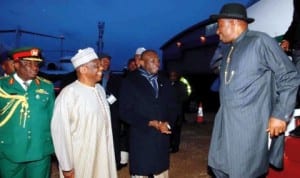 L-R: Nigeria High Commissioner to United Kingdom, Amb. Dalhatu Tafida, Minister of State for Foreign Affairs 2, Dr Nurudeen Mohammed, welcoming President Goodluck Jonathan at the Luton International Airport, United Kingdom, last Wednesday. Photo: NAN