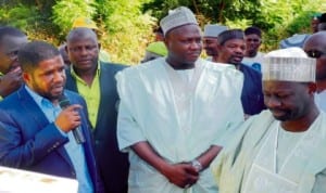 Chairman, Gombe State Sports Commission, Mr Faruk Yarma (left), briefing Governor Ibrahim Dankwambo (right), during an inspection tour of sports facilities in Gombe last Wednesday. With them is the Principal Permanent Secretary to the Governor, Alhaji Sani Joro (middle). Photo: NAN