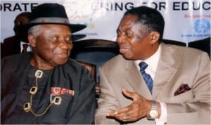 Pro-Chancellor of Rivers State University of Science and Technology, Hon Justice Adolphus Karibi Whyte (right), exchanging views with Prof G. O. O. Tasie, during the First RSUST Corporate Society Day, in Port Harcourt, last Tuesday.Photo: Obinna Prince Dele