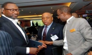 L-R: Chairman, Forte Oil, Mr Femi Otedola, former Senate President, Senator Ken Nnamani and CBN Governor, Malam Sanusi Lamido Sanusi, during a break-out session at the 15th meeting of the Honorary International Investors Council in London, recently. Photo: NAN