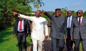 Cross River State Governor, Senator Liyel Imoke (3rd right), conducting the new owner of Tinapa Business and Leisure Limited and Chief Executive of AMCOM, Mr  Mustafa Chike-Obi Mustapha (2nd left), round the facility shortly after a media interaction in Calabar, recently..