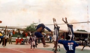 Volleyball players in action during a national tourament in Port Harcourt, recently.