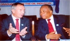 Deputy Managing Director, Total E$P Nigeria Ltd, Mr Nicolas Brunel (left) discussing with Dr. Emmanuel Onu Egbogah, during the Institute of Petroleum Studies of University of Port Harcourt’s 10th Industrial/Anniversary ceremony in Port Harcourt, recently. Photo: Obina Prince Dele