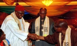 Rivers State Governor,Rt Hon Chibuike Rotimi Amaechi (middle), watches as General  Anthony Ukpo (left) and Group Capt Sam Ewang (rtd), exchange pleasantries, at the Centenary Dinner/Award Night in Government House, Port Harcourt   