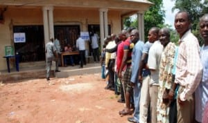Voters queuing to cast their vote at Ede Oballa Ward of Nsukka LGA during Enugu State Local Government Elections recently