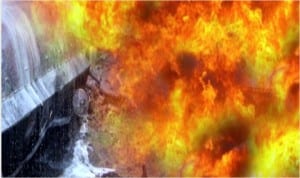 Scene of petrol tanker in flames
