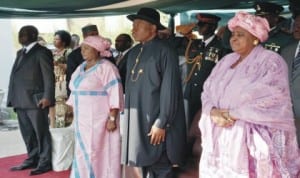 L-R:  Special Adviser to the President on Media and Publicity, Dr Reuben Abati, Nigeria High Commissioner to the Gambia, Ambassador Esther Audu, President Goodluck Jonathan and the Vice President of the Gambia, Dr Ajisatou Saidy, at the inauguration of Nigerian House in Banjul recently. 