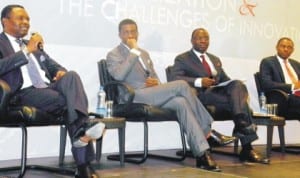 L-R: Publisher, BusinessDay, Mr Frank Aigbogun, Director, CBN Capital, Mr Chuka Mordi, President, General Electric, Nigeria, Mr Lazarus Angbazo and Associate Director, First Bank Capital, Mr Afolabi Olorode, at the 2013 Annual Chief Executive Officers' Forum in Lagos, recently. Photo: NAN