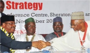 Representative of the President, Chief Mike Onolememen (left), being congratulated by the President, Architects Registration Council of Nigeria, Mr Umaru Aliyu (right), at the 53rd General Assembly Conference of Nigerian Institute of Architects in Abuja, recently. With them are Minister of Mines and Solid Minerals, Mr Musa Sada (2nd right), and 24th President, Nigerian Institute of Architects, Mr Ibrahim Haruna.