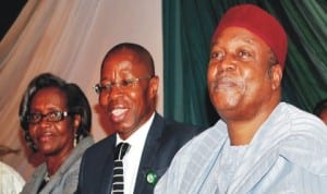 L-R: Director-General, National Environmental Standards and Regulations Enforcement Agency, Dr Ngeri Banabo, Permanent Secretary, Ministry of Environment, Mr Taye Haruna and the suppervising Minister, Mr Darius Ishaku, at the inauguration of the governing boards of agencies and parastatals under the Ministry of Environment in Abuja, recently. Photo: NAN