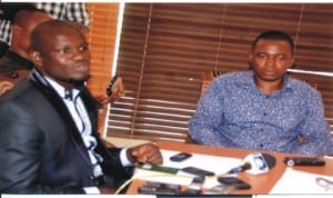 Manager, Governor  Chibuike Rotimi Amaechi Football Club of Nyokhana, Mr Salvation Moses (left), with Deputy Speaker, Rivers State House of Assembly, Hon Leyii Kwanee, at a press briefing in Port Harcourt, last Monday. Photo: Chris Monyanaga.