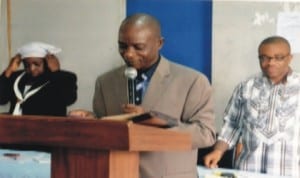 Pastor, Lawrence Donatus (middle), preaching the gospel during the 42nd anniversary and thanksgiving service of the Rivers State Newspaper Corporation last Monday. With him are General Manager of the corporation, Mr Celestine Ogolo and Director of Administration, Mrs Emi Jameson. Photo: Nwiueh Donatus Ken