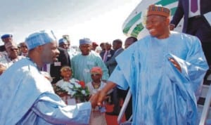 President Goodluck Jonathan (right), being received by Governor Ibrahim Dankwambo of Gombe State on his arrival for the 2nd North-East Economic Summit in Gombe,  yesterday .