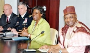 L-R: UU Ambassador to Nigeria, Mr James Entwistle, Commander, UU Africa Command (USAFRICOM), Gen. David Rodriguez, US Secretary for the Bureau of African Affairs, Linda Thomas-Greenfield and Vice President Namadi Sambo, during a meeting at the Presidential Villa in Abuja, last Wednesday.