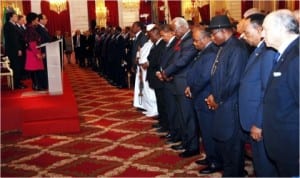 President Goodluck Jonathan (3rd right) with other African leaders observing a minute silence in honour of late former President Nelson Mandela of South Africa, during the opening ceremony of Elysee Summit on Peace and Security in Africa in Paris last Friday. 
