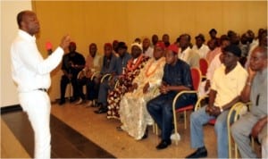 Governor Chibuike Rotimi Amaechi addressing the Ogba/Egbema/Ndoni Local Government Area stakeholders during their solidarity visit to Government House, Port Harcourt, yesterday.