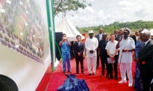 Chief of Naval Staff, Vice Admiral Dele Ezeoba (3rd right), Governor  Emmanuel Uduaghan of Delta State (right) and other dignitaries, at the Ground Breaking of the Nigerian Naval Secondary School at Ibusa-Ogwasi-Uku Expressway in Delta, last Tuesday.