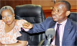 Chairman, Nigerian Electricity Regulatory Commission (NERC), Dr Sam Amadi (right), with Commissioner, Engineering Standards and Safety,  NERC, Mrs Mary Awolokun, during a news conference on Non-Increase of Electricity Tariff in Abuja last Wednesday.